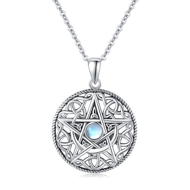 Sterling Silver Moonstone Moon & Pentagram Pendant Necklace-0