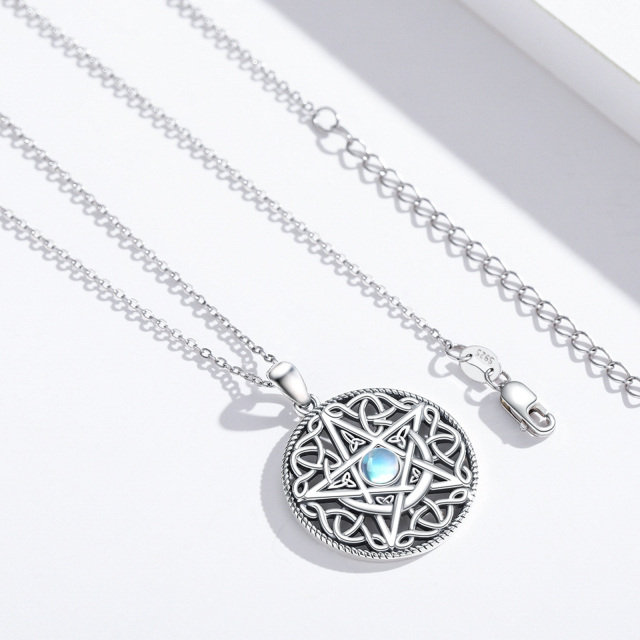 Sterling Silver Moonstone Moon & Pentagram Pendant Necklace-3