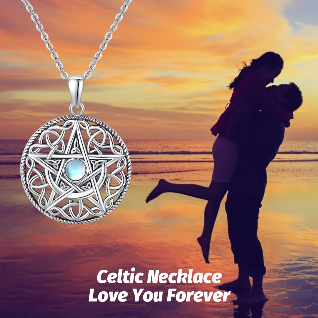 Sterling Silver Moonstone Moon & Pentagram Pendant Necklace-4