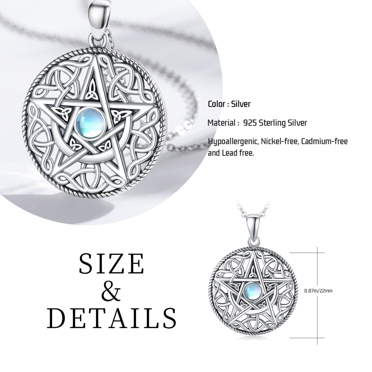 Sterling Silver Moonstone Moon & Pentagram Pendant Necklace-6