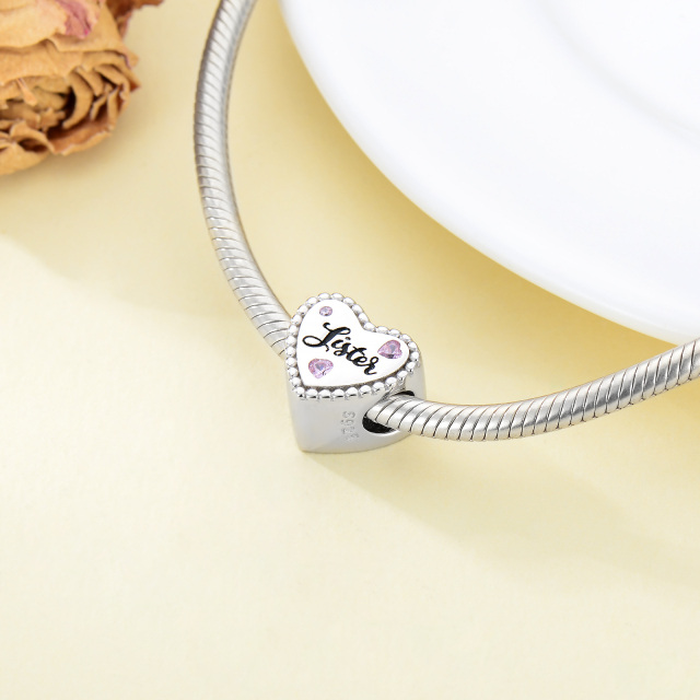 Sterling Silver Heart Cubic Zirconia Personalized Photo & Auntie & Grandmother & Mother & Sisters & Heart Bead Charm-2