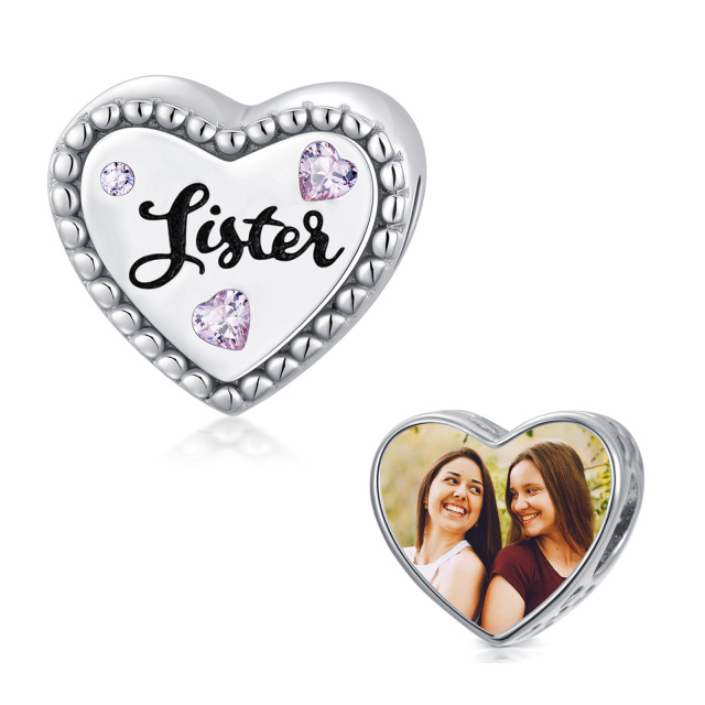 Sterling Silver Heart Cubic Zirconia Personalized Photo & Auntie & Grandmother & Mother & Sisters & Heart Bead Charm-5