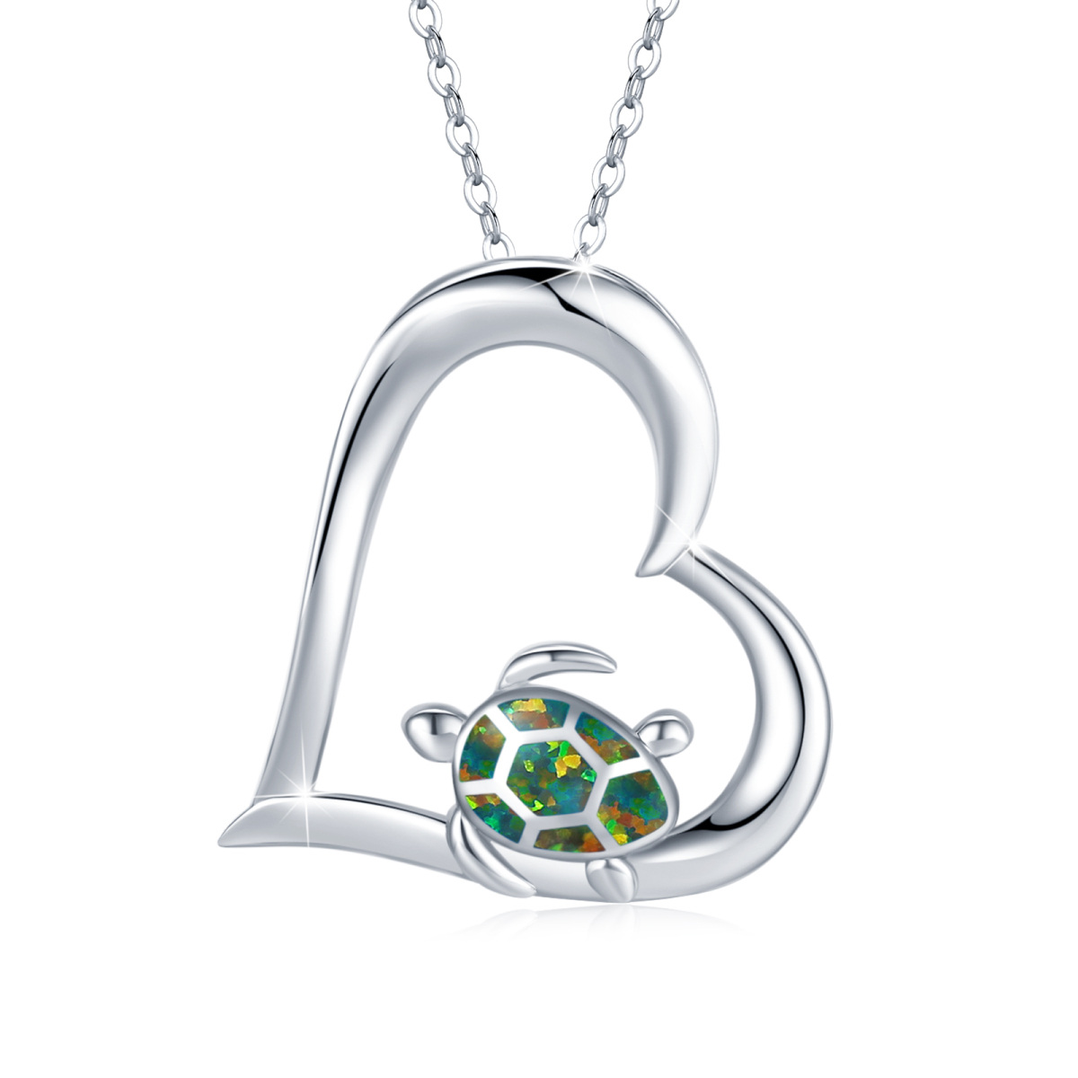 Sterling Silver Opal Tortoise & Heart Pendant Necklace-1