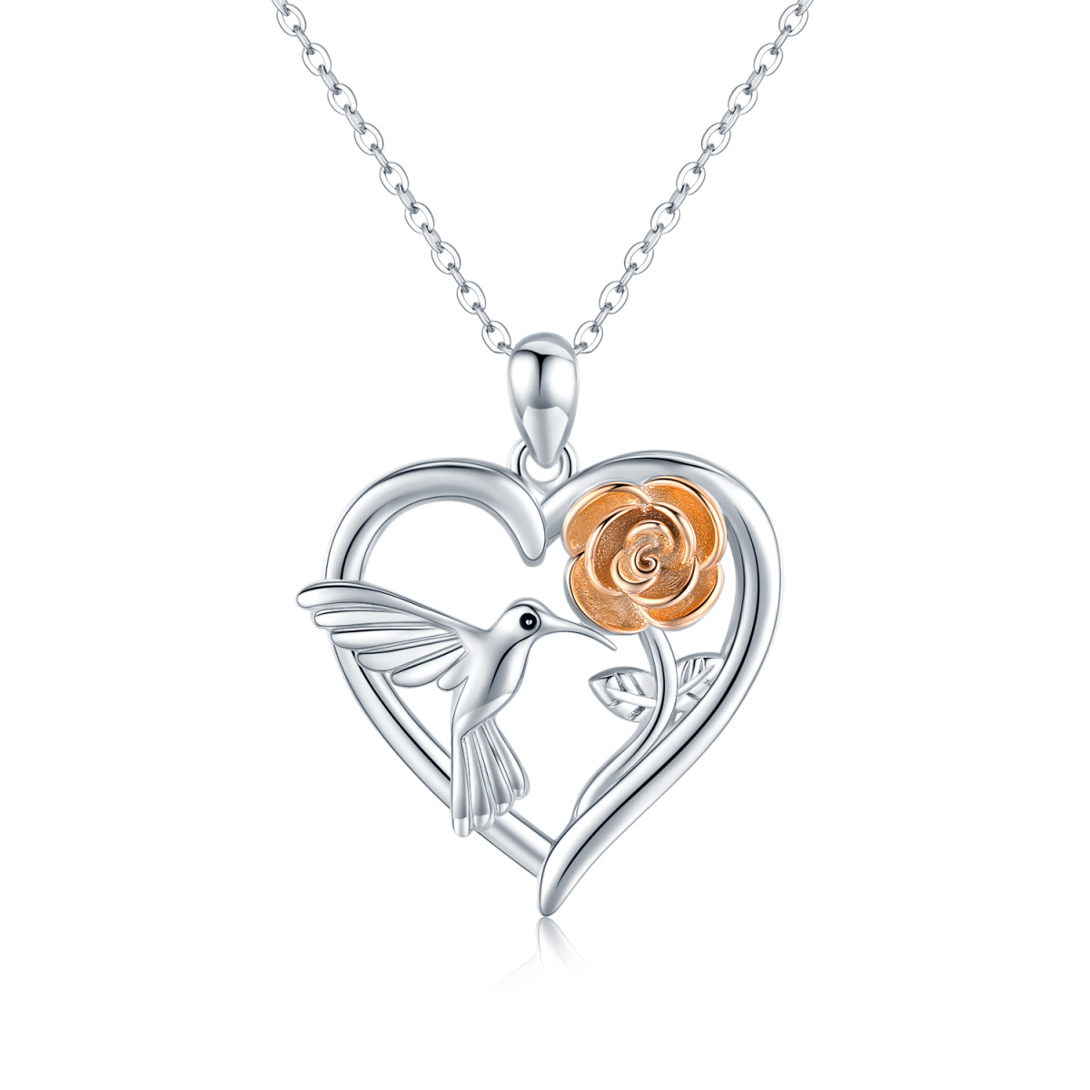 Sterling Silver Two-tone Hummingbird & Rose Pendant Necklace-1