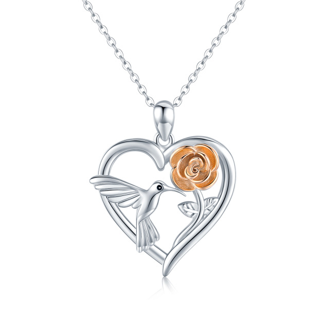 Sterling Silver Two-tone Hummingbird & Rose Pendant Necklace-0