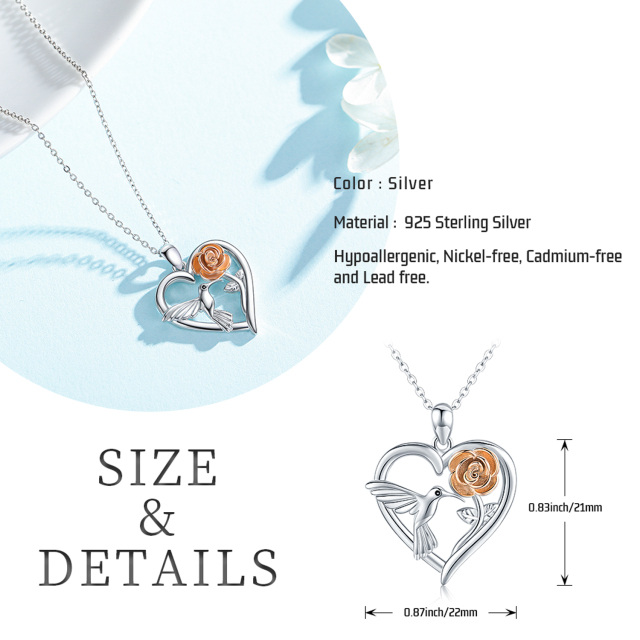 Sterling Silver Two-tone Hummingbird & Rose Pendant Necklace-3