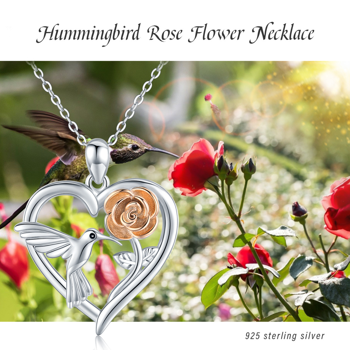 Sterling Silver Two-tone Hummingbird & Rose Pendant Necklace-5