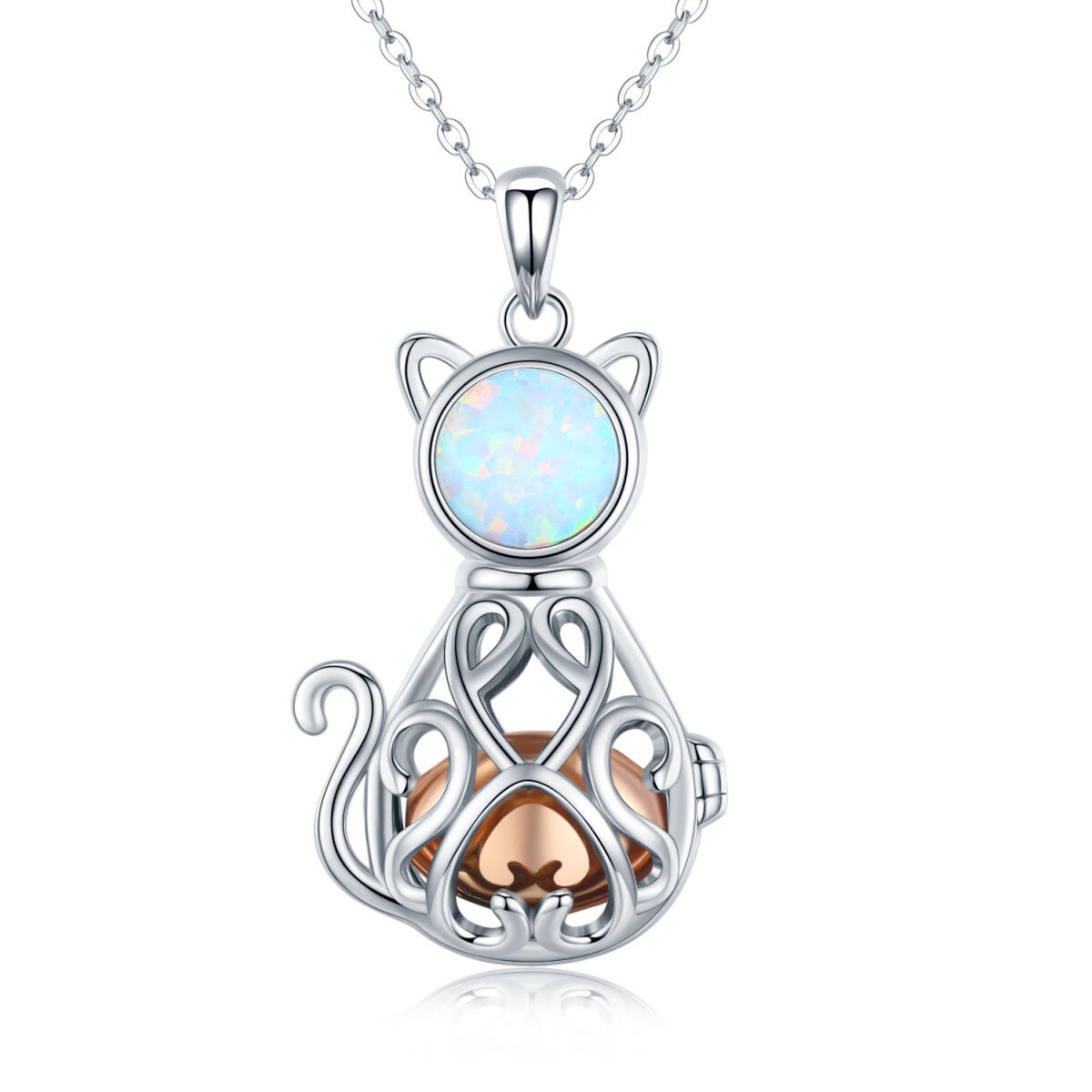 Sterling Silver Two-tone Circular Shaped Opal Cat Urn Necklace for Ashes-1