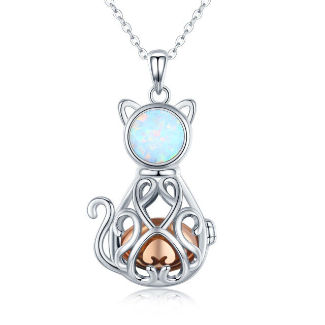 Sterling Silver Two-tone Circular Shaped Opal Cat Urn Necklace for Ashes-0