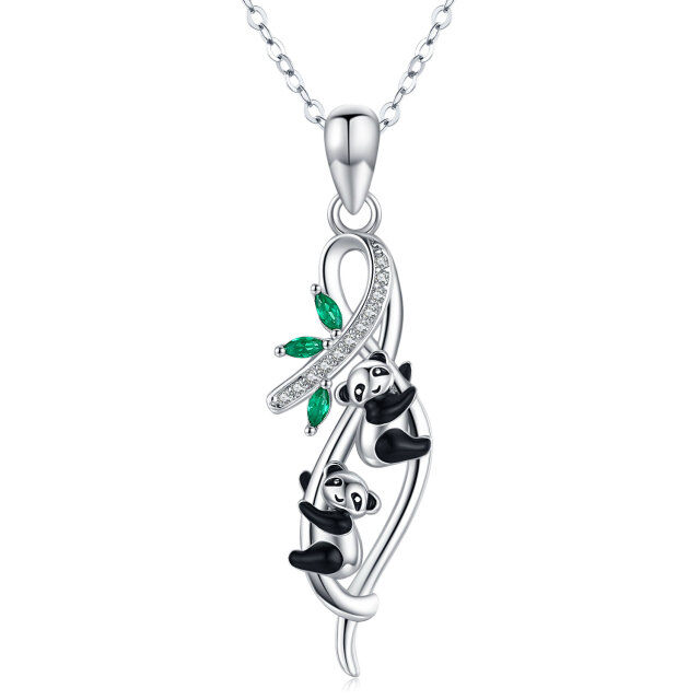 Sterling Silver Cubic Zirconia Panda & Bamboo Pendant Necklace-4