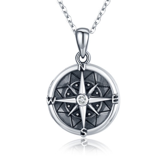 Sterling Silver Two-tone Cubic Zirconia Compass Pendant Necklace