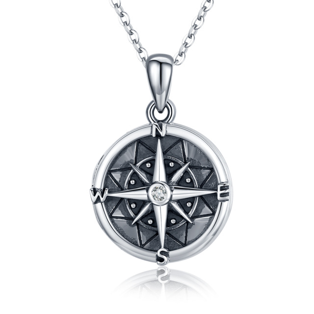 Sterling Silver Two-tone Cubic Zirconia Compass Pendant Necklace-0