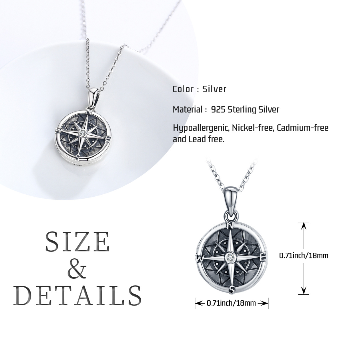 Sterling Silver Two-tone Cubic Zirconia Compass Pendant Necklace-5