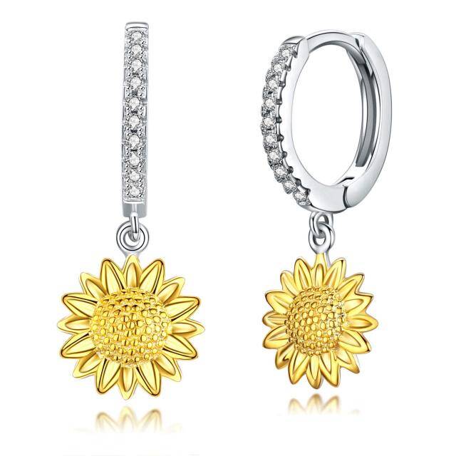 Sterling Silver Two-tone Cubic Zirconia Sunflower Hoop Earrings-4