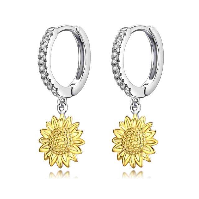 Sterling Silver Two-tone Cubic Zirconia Sunflower Hoop Earrings-1