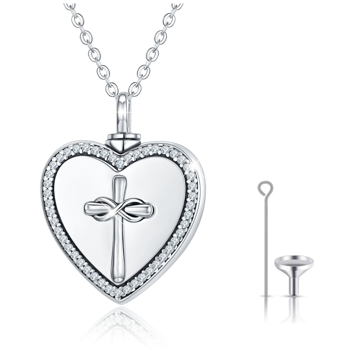 Sterling Silver Circular Shaped Cubic Zirconia Cross & Heart Urn Necklace for Ashes with Engraved Word-1