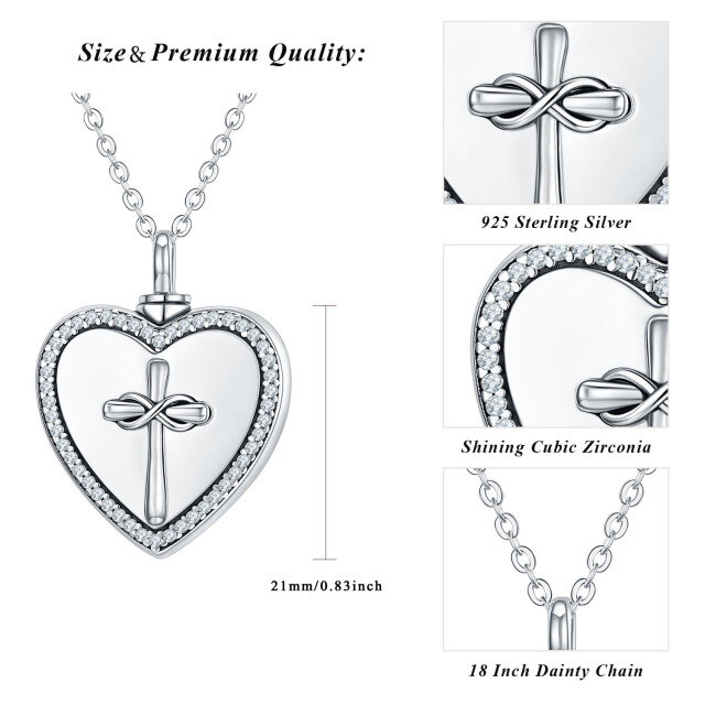 Sterling Silver Circular Shaped Cubic Zirconia Cross & Heart Urn Necklace for Ashes with Engraved Word-3