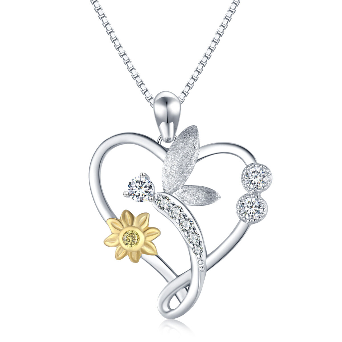 Sterling Silver Cubic Zirconia Dragonfly & Sunflower & Heart Pendant Necklace-1
