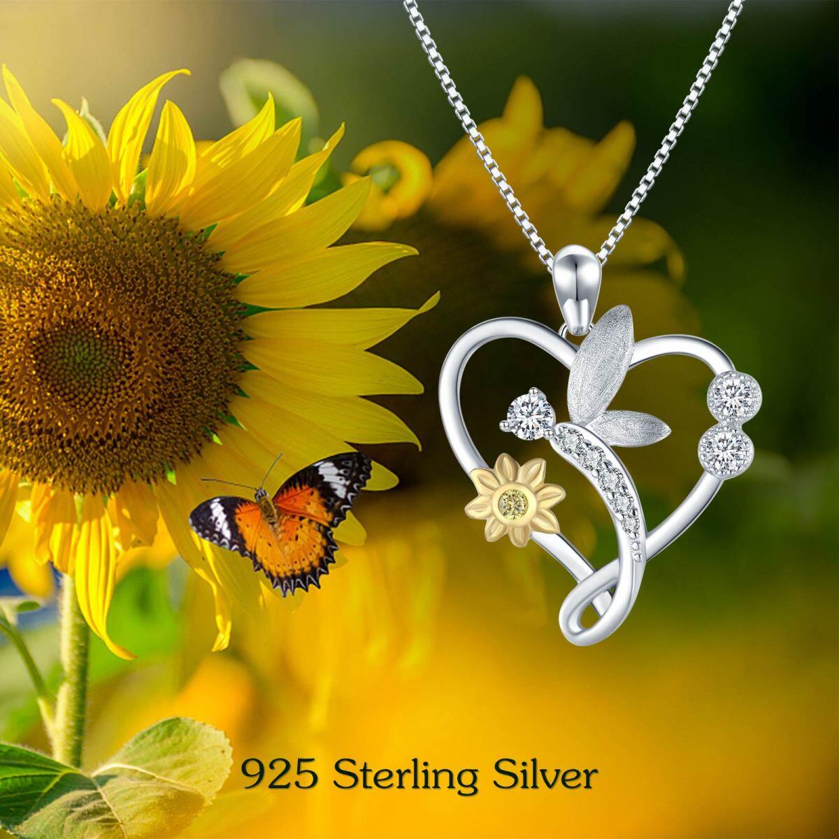 Sterling Silber Cubic Zirkonia Libelle & Sonnenblume & Herz-Anhänger Halskette-6