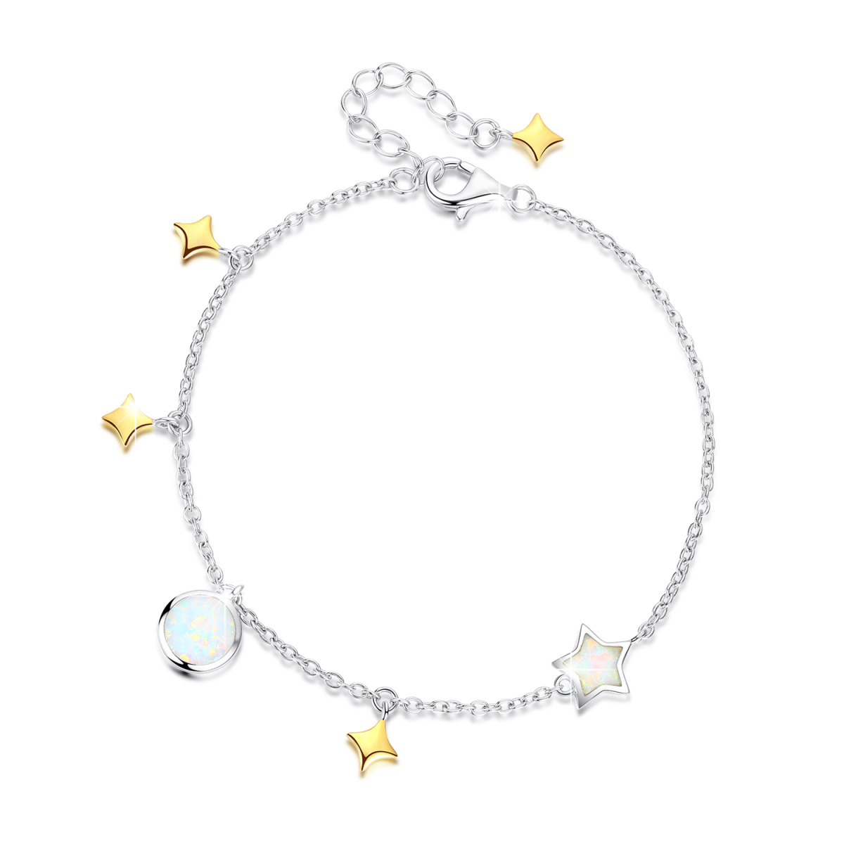 Sterling Silver Opal Moon & Star Pendant Bracelet-1