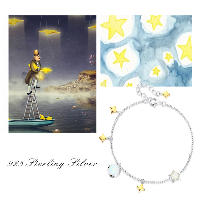 Sterling Silver Opal Moon & Star Pendant Bracelet-3