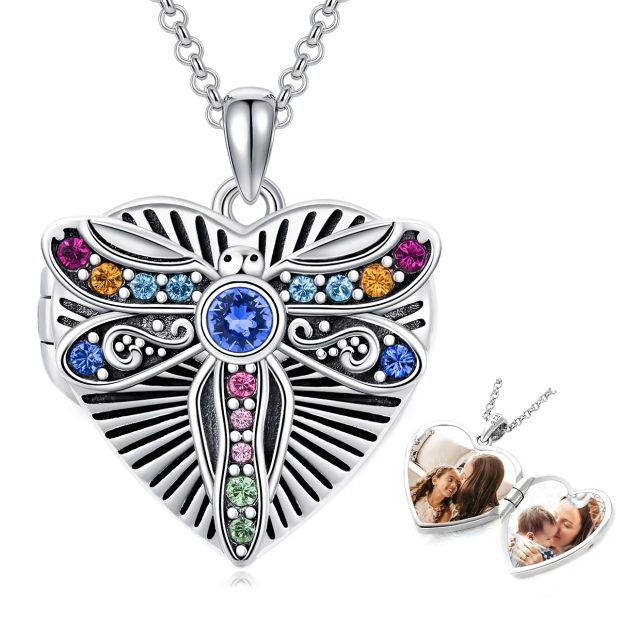 Sterling Silver Crystal Dragonfly & Personalized Photo & Heart Personalized Photo Locket Necklace with Engraved Word-5