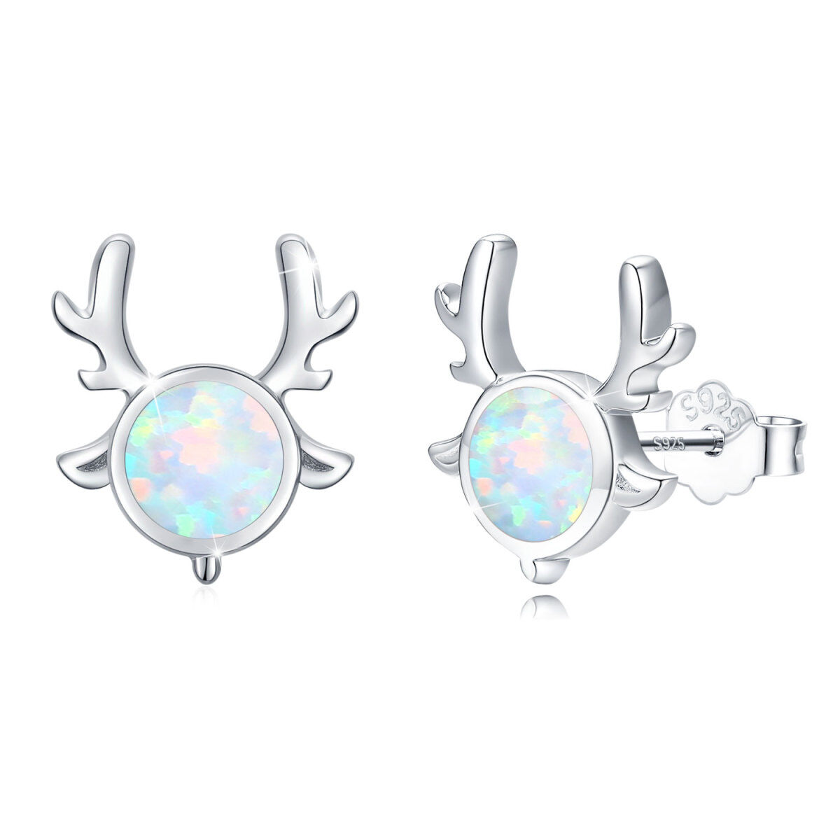 Sterling Silver Circular Shaped Opal Elk Stud Earrings-1