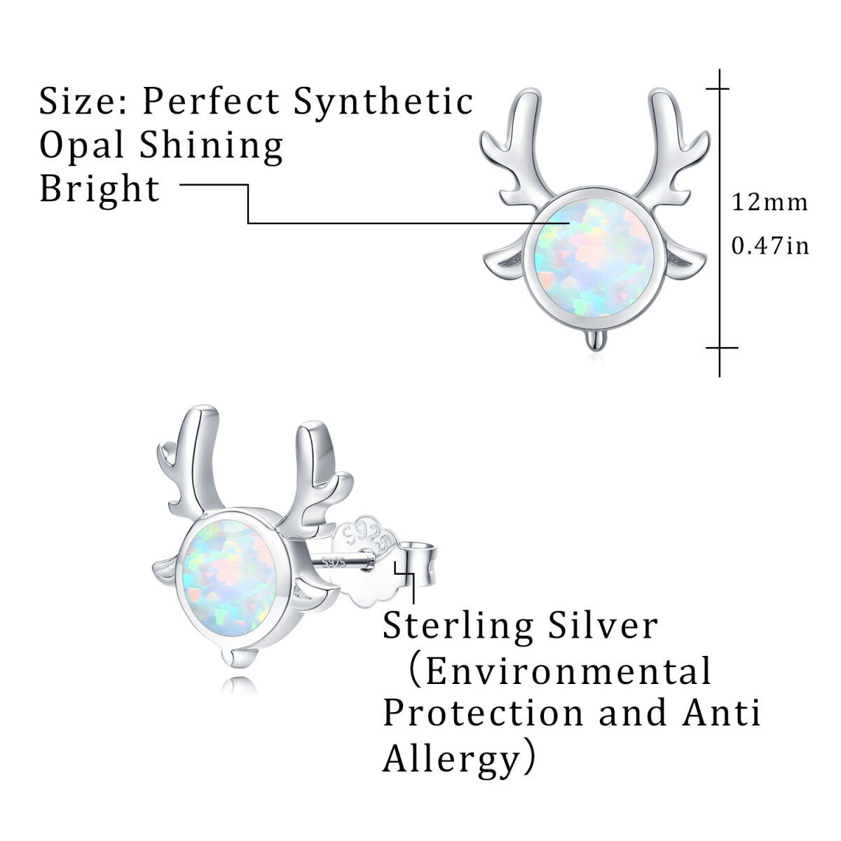 Sterling Silver Circular Shaped Opal Elk Stud Earrings-8