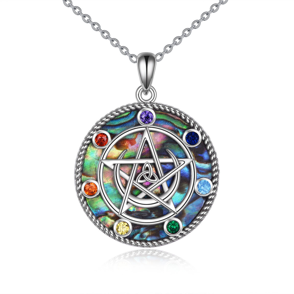 Sterling Silver Abalone Shellfish Chakras & Triple Moon Goddess Pendant Necklace-1