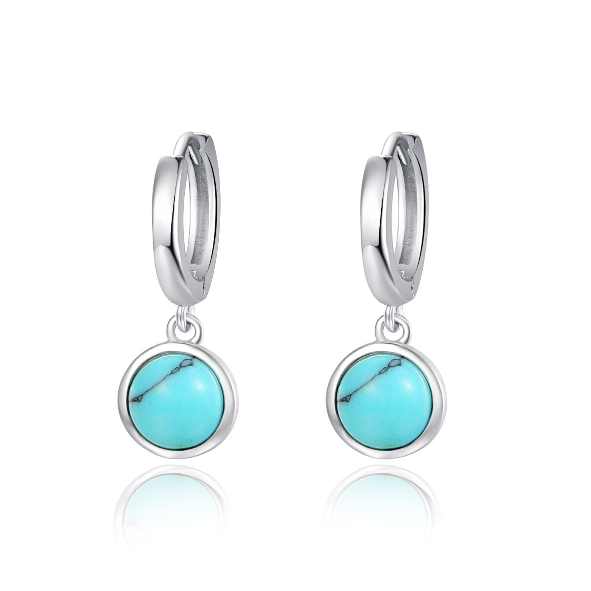 Sterling Silver Turquoise Round Drop Hoop Earrings-1