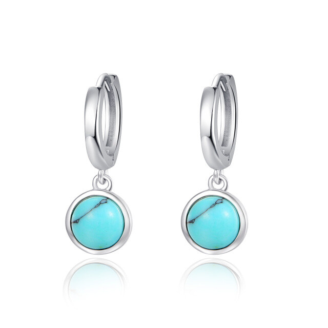 Sterling Silver Turquoise Round Drop Hoop Earrings-0