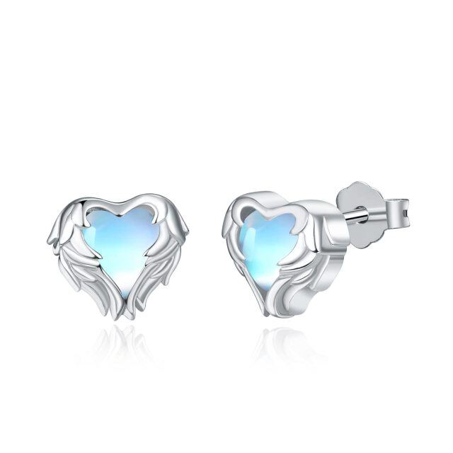 Sterling Silver Heart Shaped Moonstone Angel Wing Stud Earrings-0