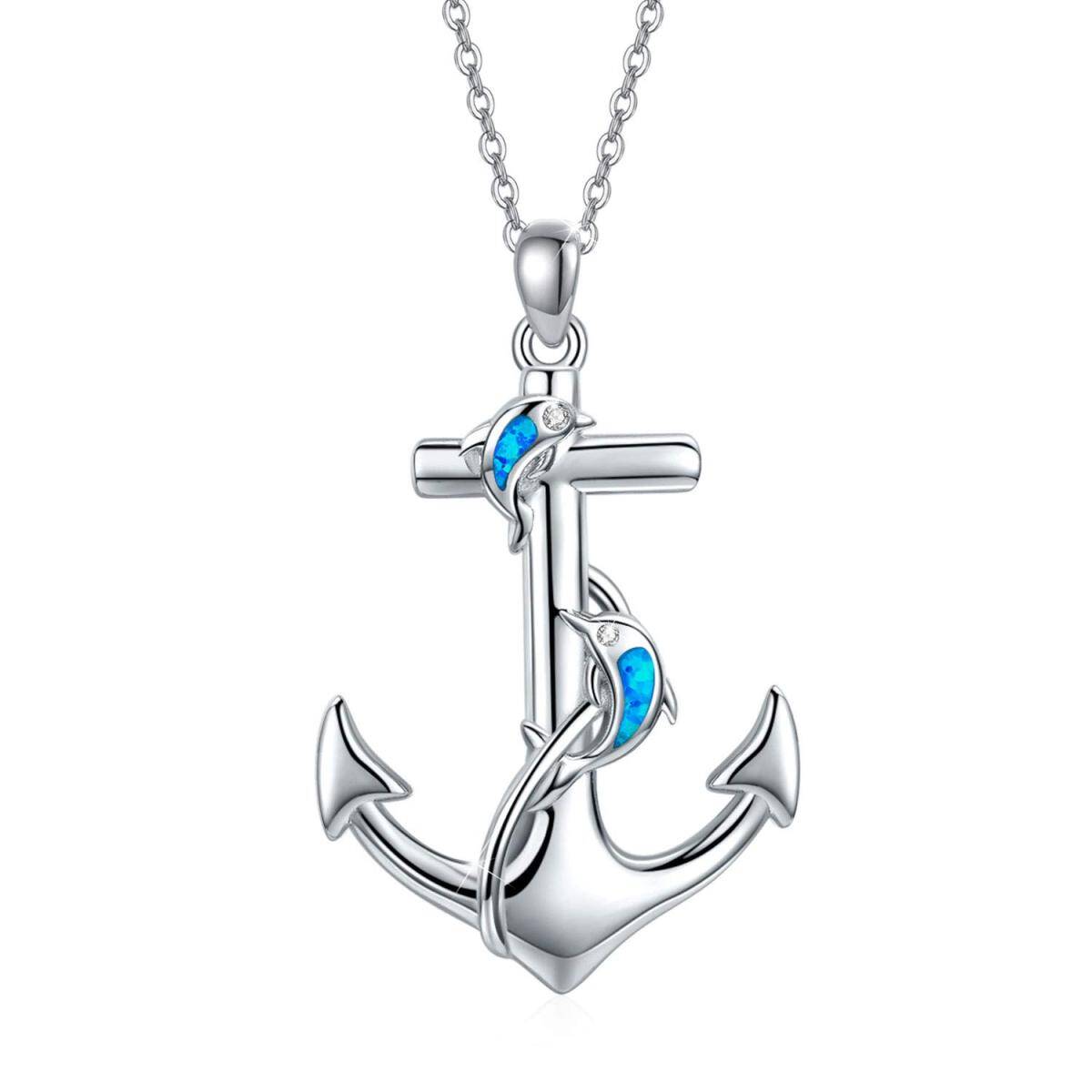 Sterling Silver Opal Dolphin & Anchor Pendant Necklace-1