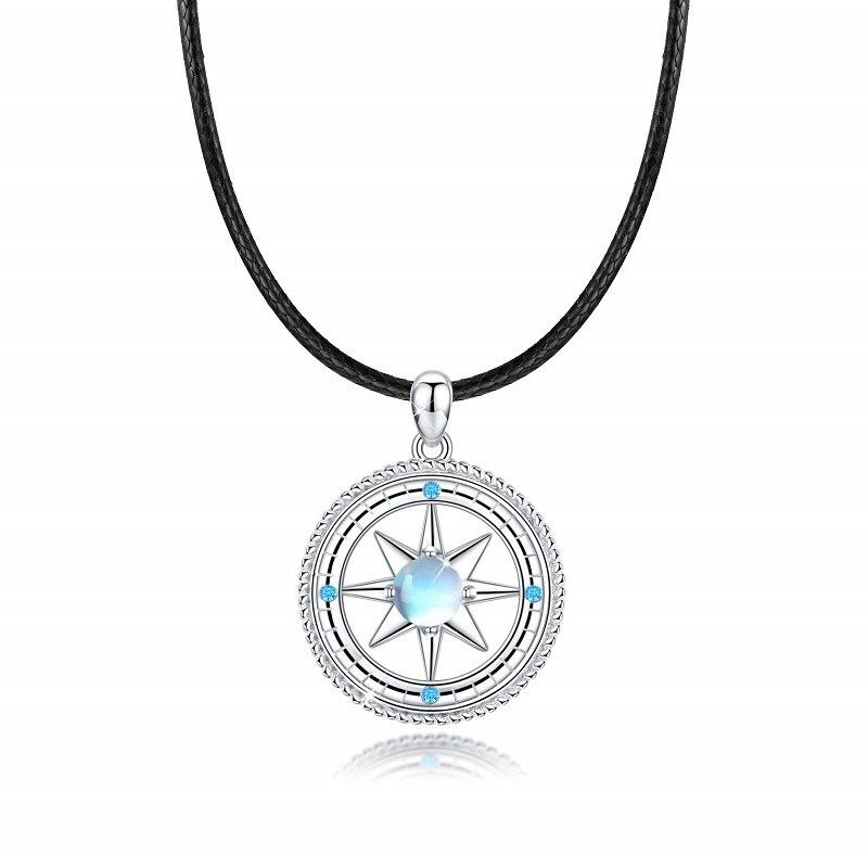 Sterling Silber kreisförmig Mondstein Kompass Anhänger Halskette-1
