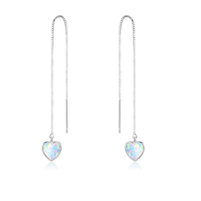 Sterling Silver Heart Shaped Opal Heart Drop Earrings-0