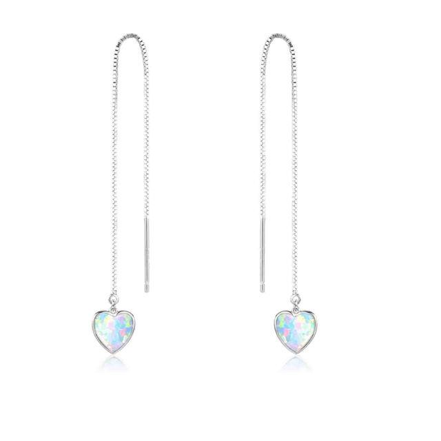 Sterling Silver Heart Shaped Opal Heart Drop Earrings-2