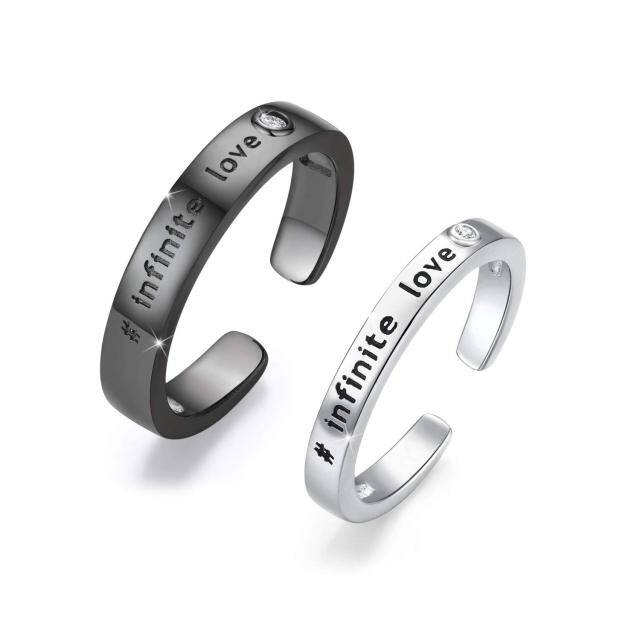 Sterling Silver with Black Color Plated Circular Shaped Cubic Zirconia Couple Couple Rings with Engraved Word-0