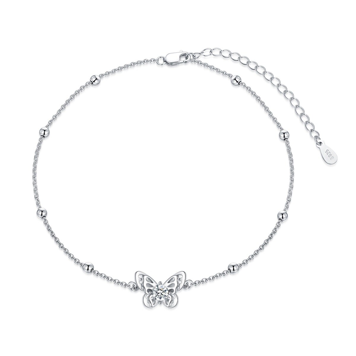 Sterling Silver Circular Shaped Crystal Butterfly Pendant Bracelet-1