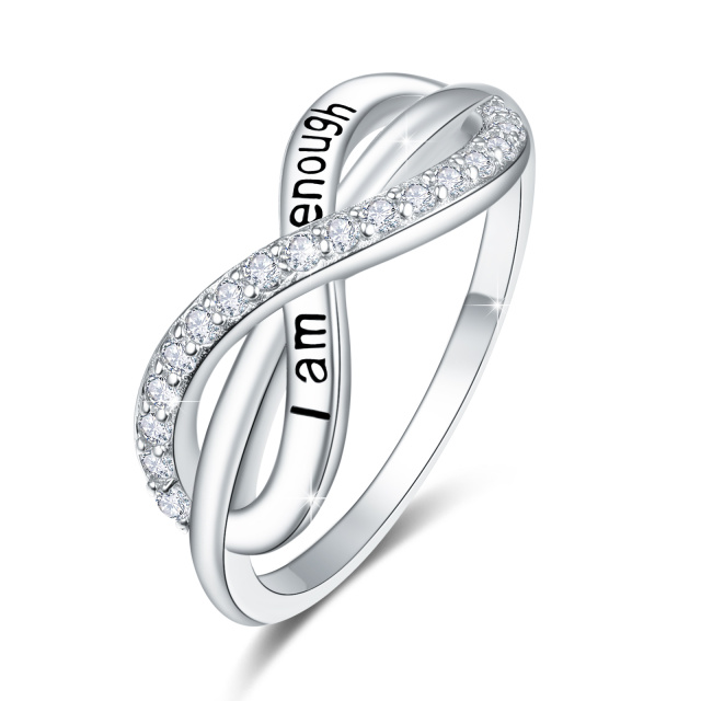 Sterling Silver Cubic Zirconia Infinite Symbol Ring with Engraved Word-0