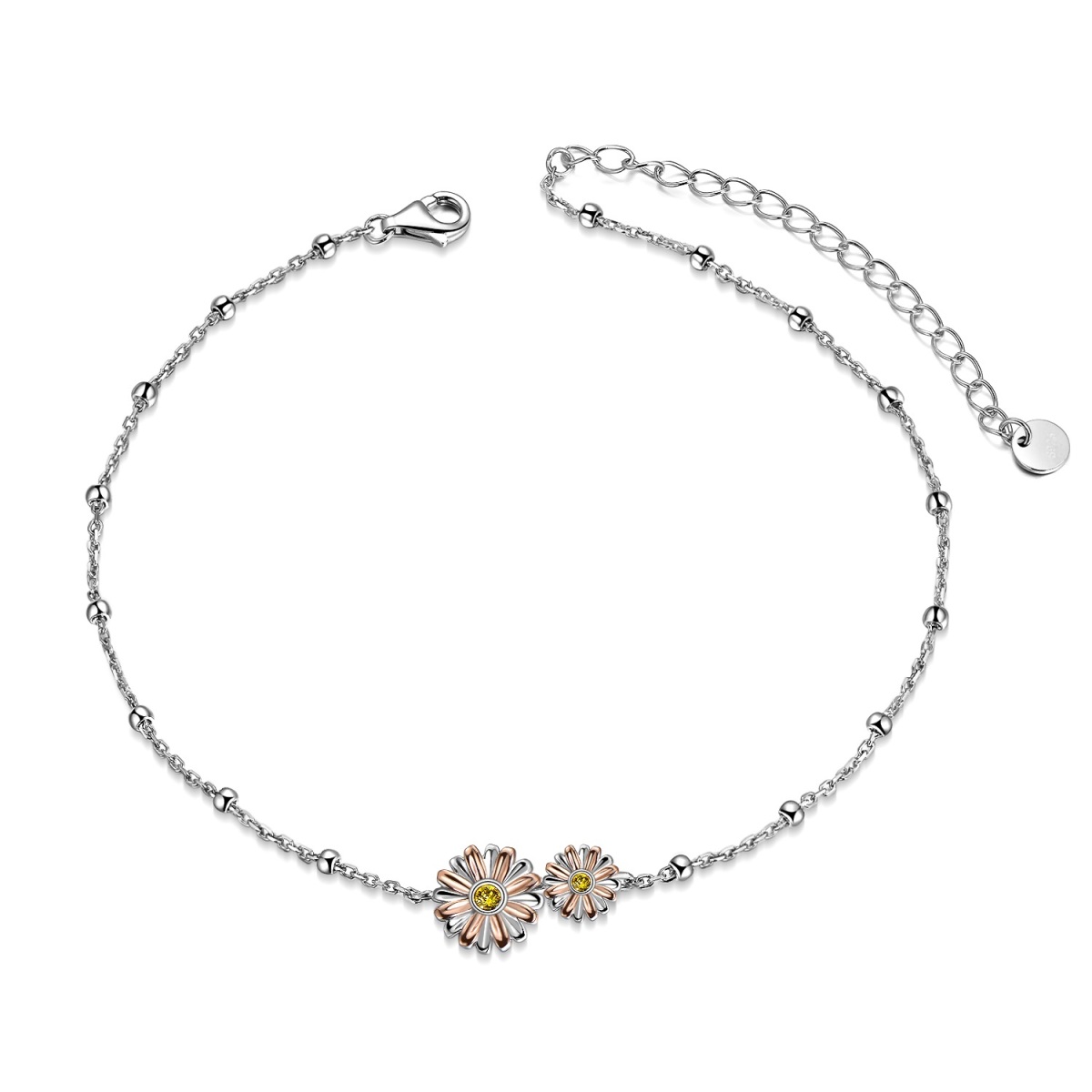 Sterling Silver Tri-tone Circular Shaped Cubic Zirconia Daisy Single Layer Anklet-1