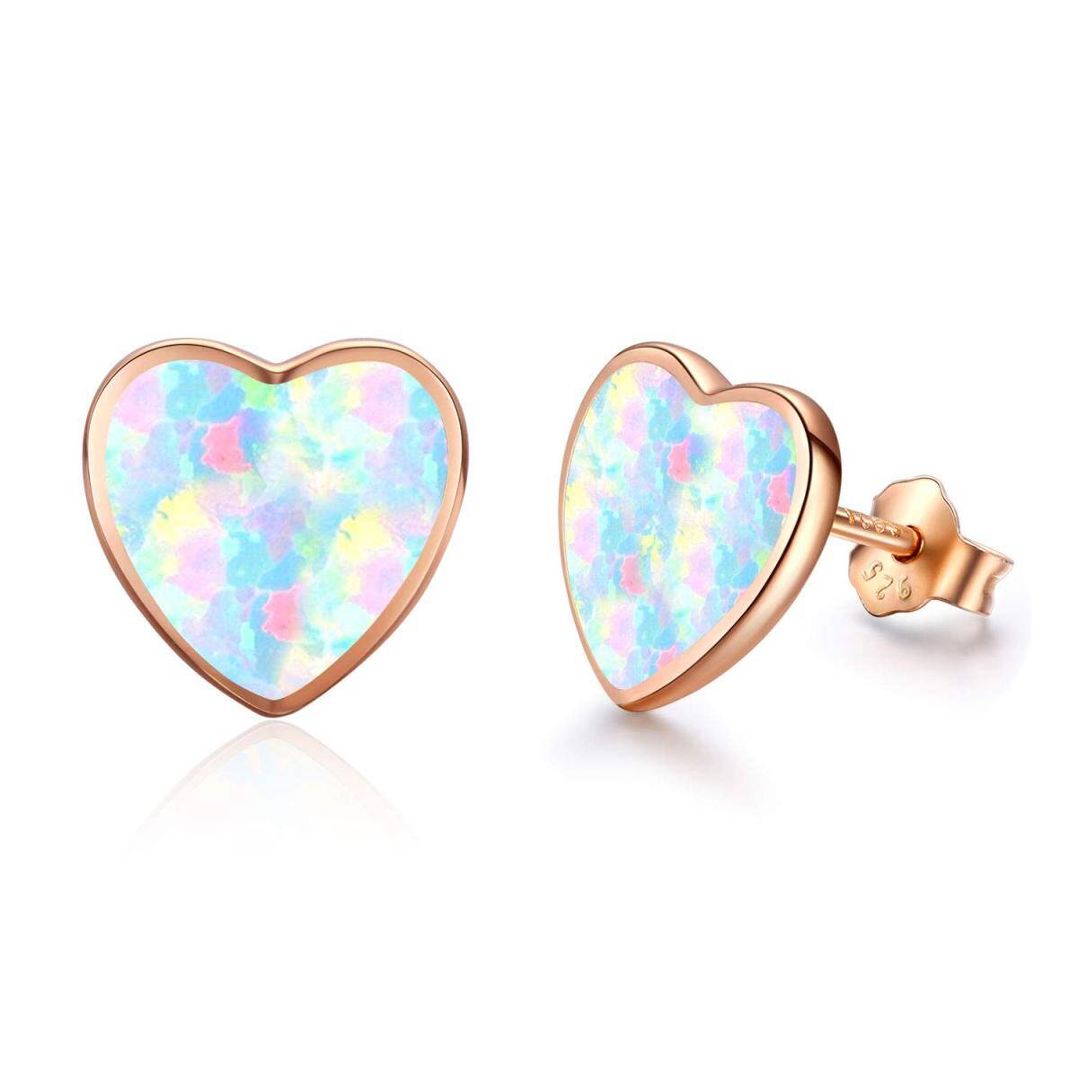 Sterling Silver with Rose Gold Plated Heart Shaped Opal Heart Stud Earrings-1