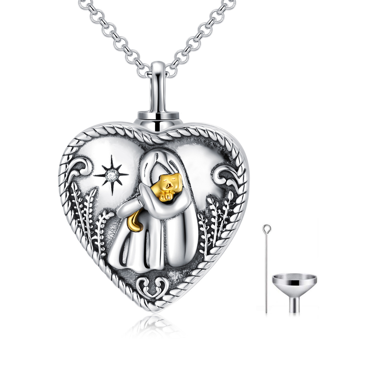 Sterling Silver Two-tone Circular Shaped Crystal Cat & Heart Urn Necklace for Ashes with Engraved Word-1