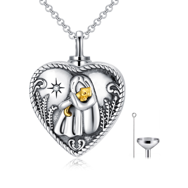 Sterling Silver Two-tone Circular Shaped Crystal Cat & Heart Urn Necklace for Ashes with Engraved Word-0