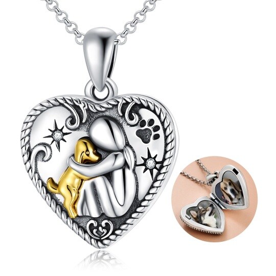 Sterling Silver Round Cubic Zirconia Dog & Heart Personalized Photo Locket Necklace with Engraved Word