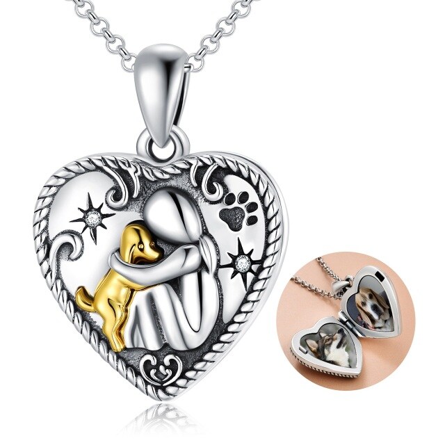 Sterling Silver Round Cubic Zirconia Dog & Heart Personalized Photo Locket Necklace with Engraved Word-0