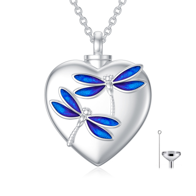 Colar de prata esterlina com libélula e urna em forma de coração com palavra gravada-0
