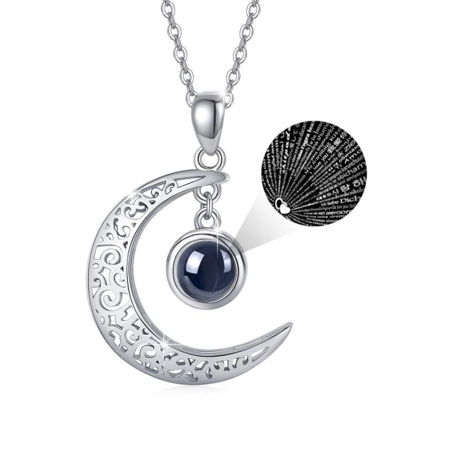 Sterling Silver Circular Shaped Projection Stone Personalized Projection & Moon Pendant Necklace-0