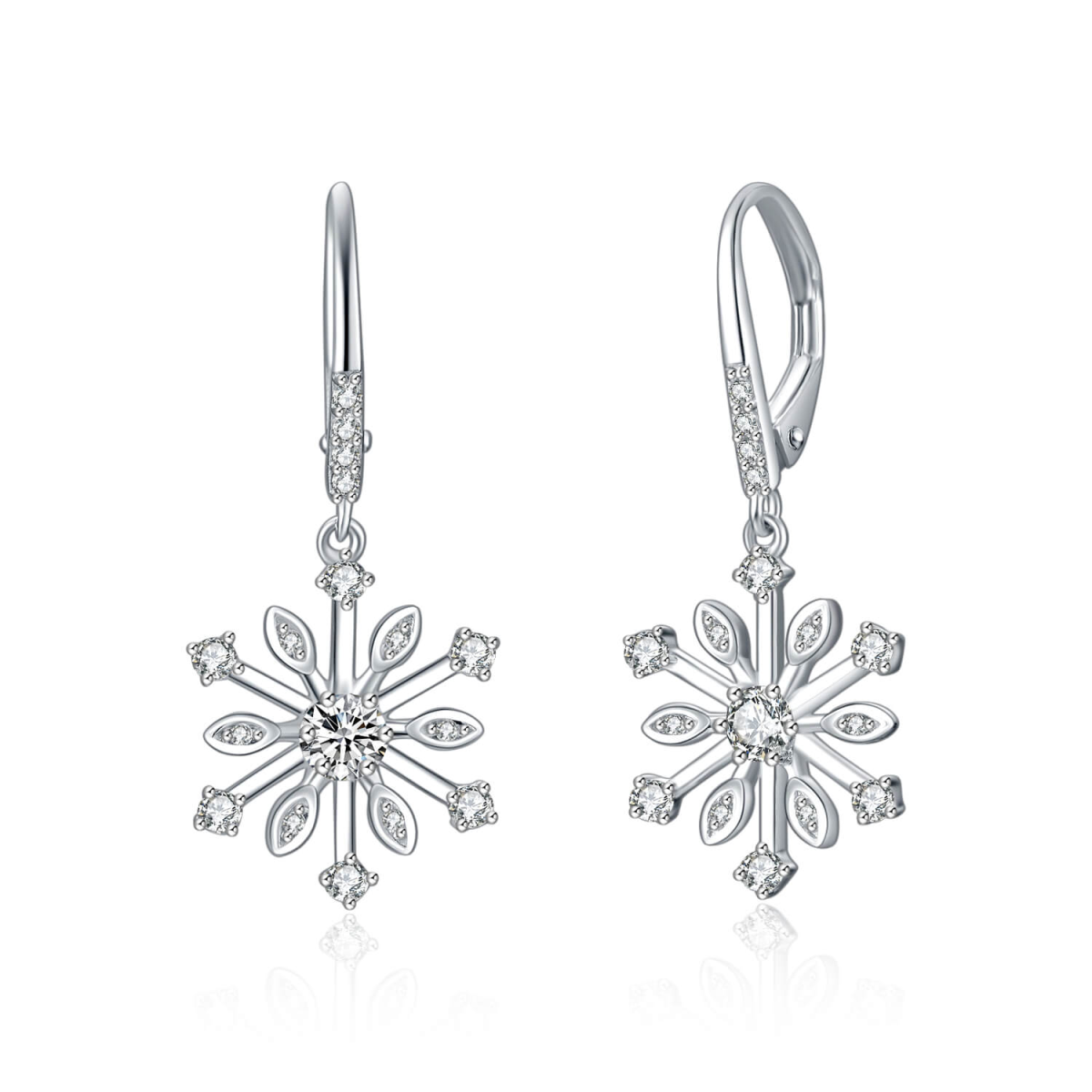 Sterling Silver Cubic Zirconia Snowflake Lever-back Earrings-1