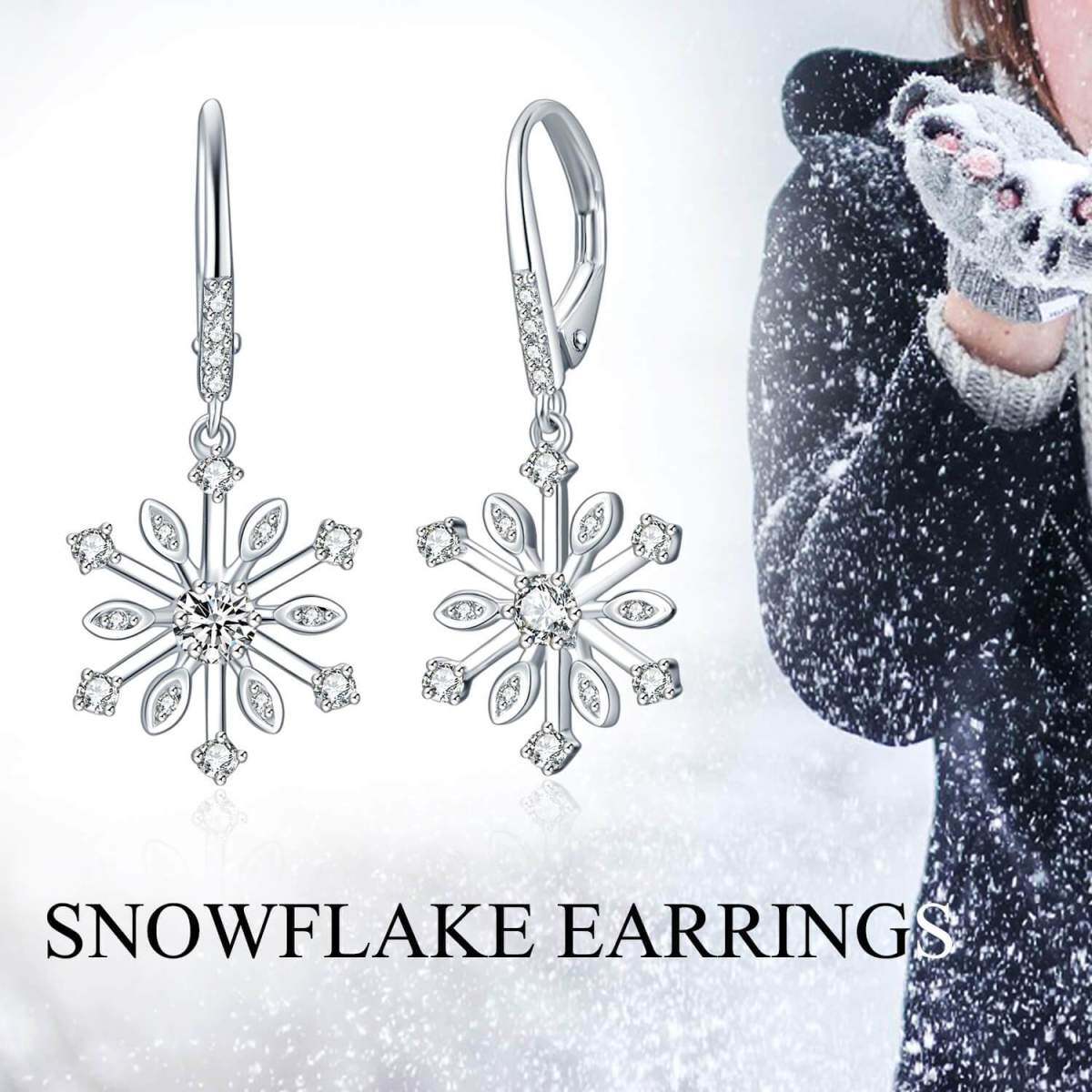 Sterling Silver Cubic Zirconia Snowflake Lever-back Earrings-6