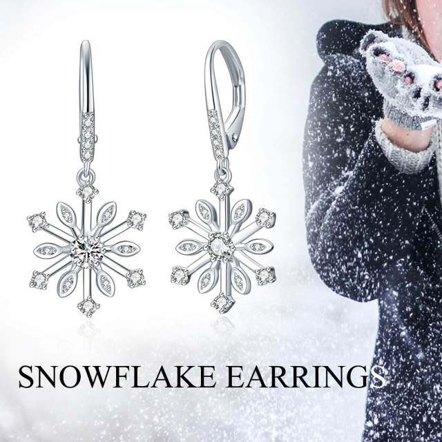 Sterling Silver Cubic Zirconia Snowflake Lever-back Earrings-5